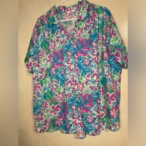 Women’s button up colorful floral blouse top size XXL Linen vacation